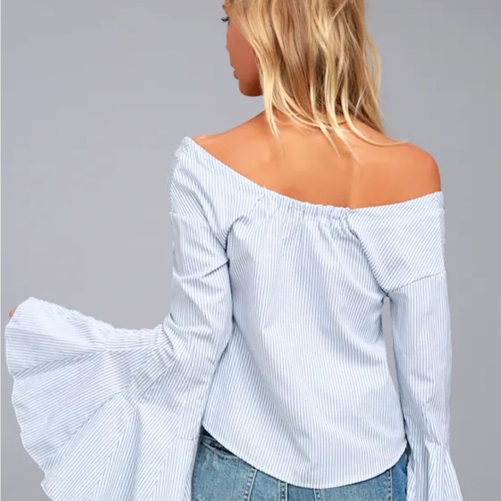 Lulus Clear Sailing Blue And White Striped Off-the-shoulder Top - Size M - Picture 3 of 5
